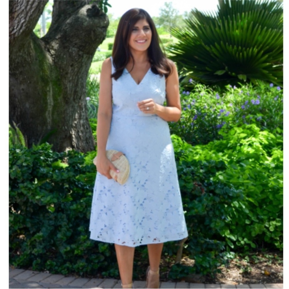 Ann Taylor V-Neck Embroidered Lace Sleeveless Dress Blue 4 - Picture 4 of 11